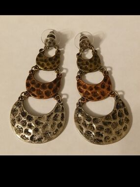 Tri-Tone Hammered Crescent Drop Earrings - Women Jewelry